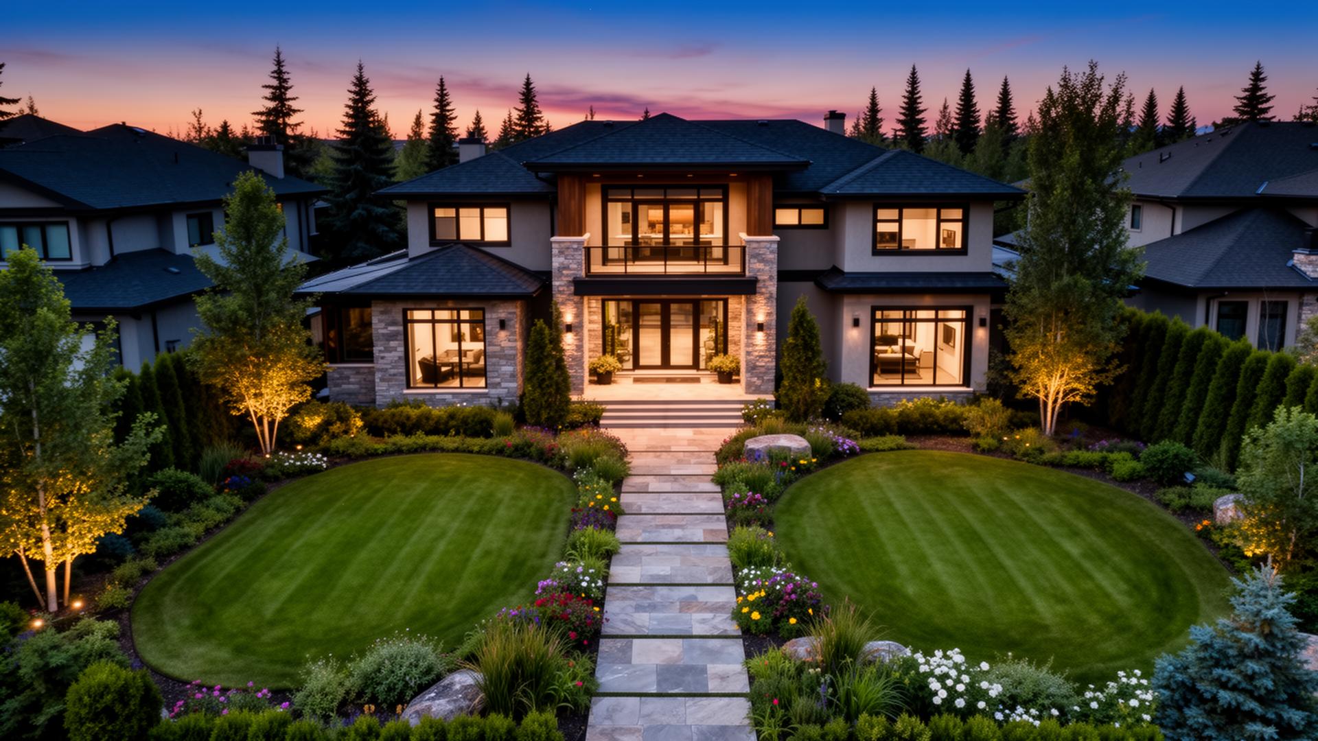 Luxury Edmonton home with custom landscaping at twilight